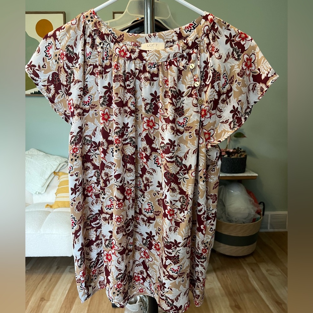 LOFT Floral Cap-Sleeve Blouse in Cream, Burgundy and Tan